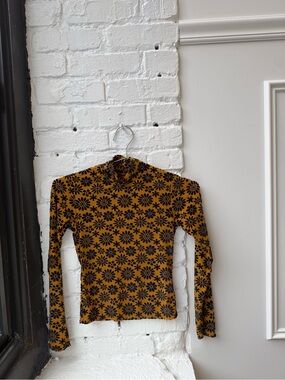 Eckhaus Latta Mustard Long Sleeve Mock Neck Top with Black Floral Print